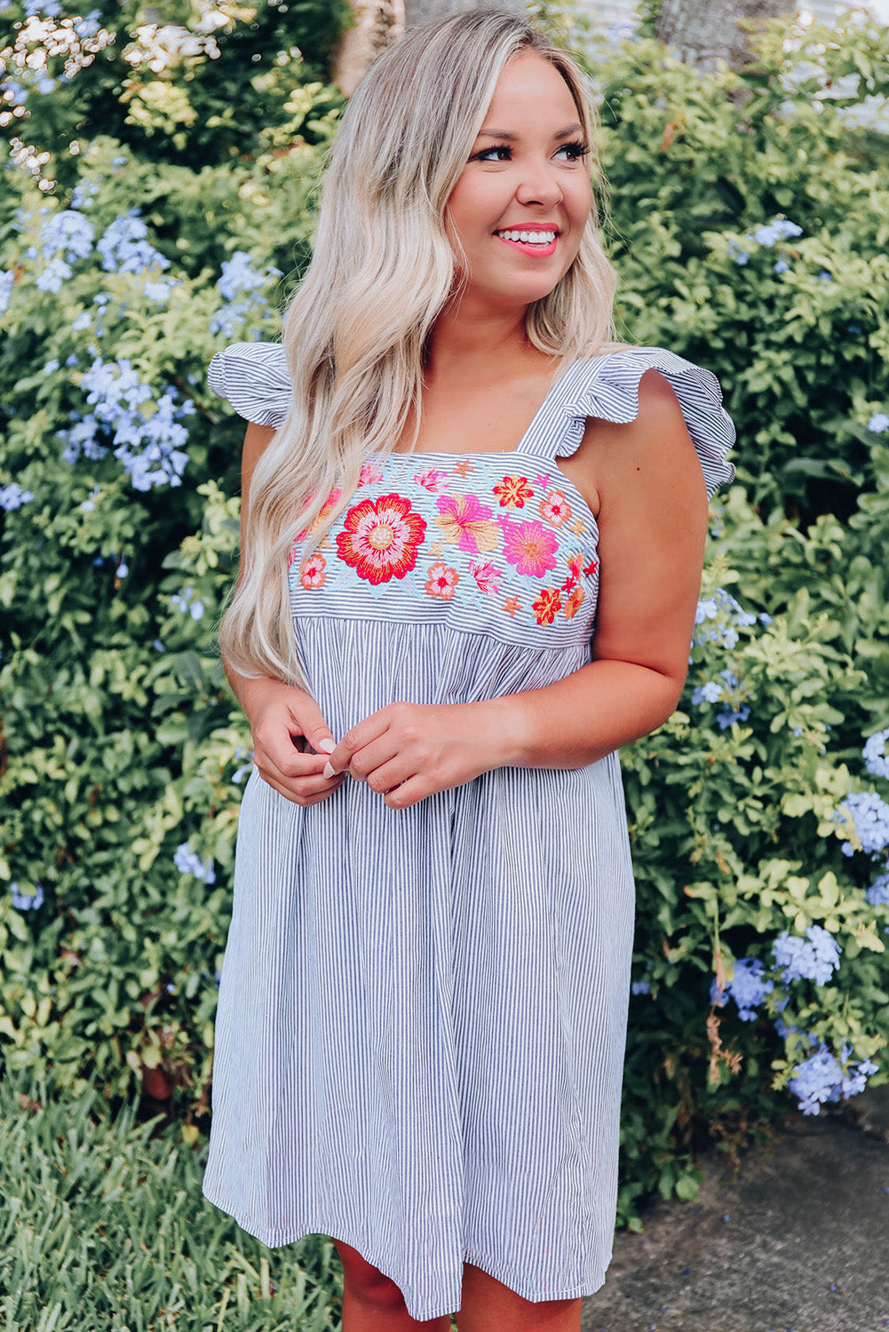 Sky Blue Striped Floral Embroidered Ruffled Sleeveless Short Dress