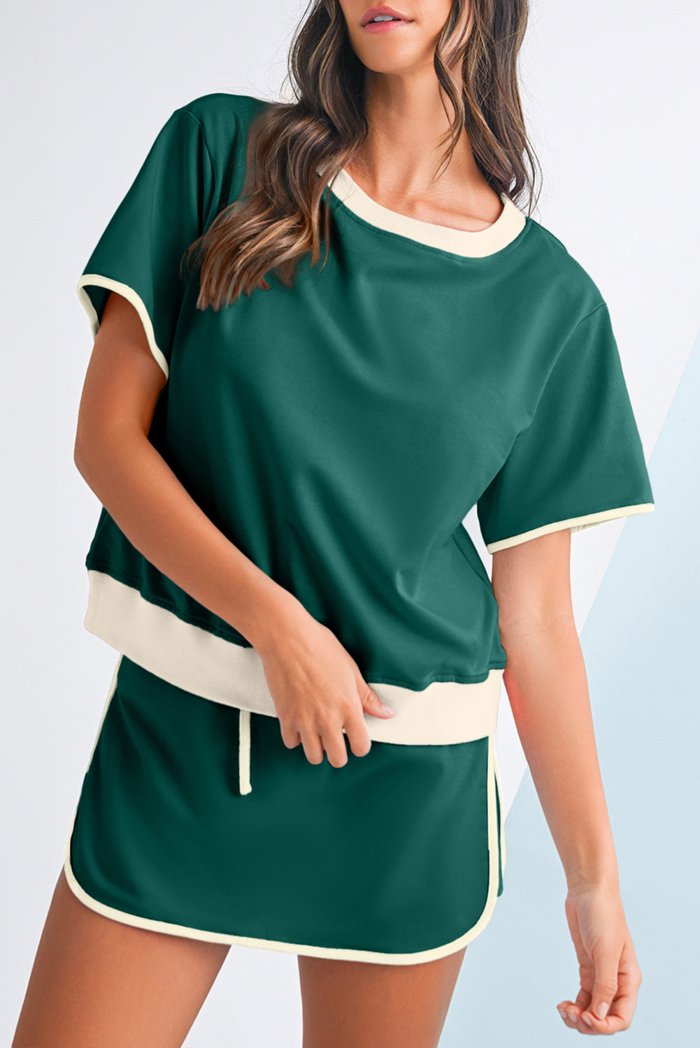 Evergreen Colorblock Edge Drop Shoulder T Shirt and Skort 2Pcs Set - Kustom Kreations Goods