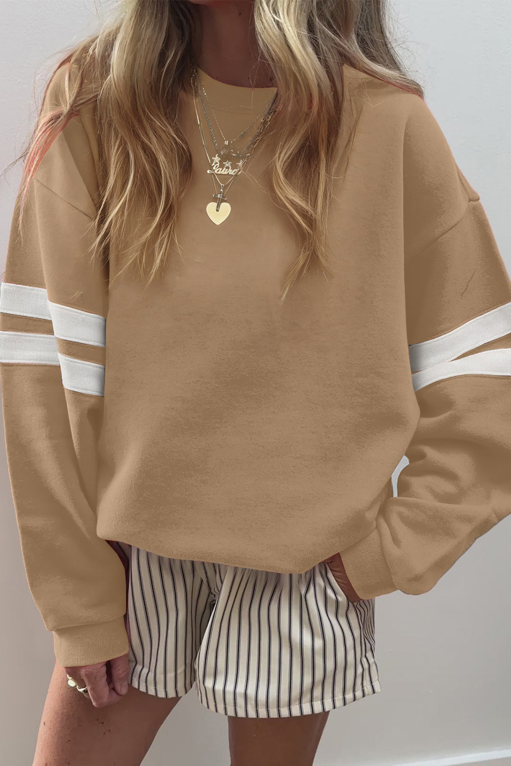 Fiery Red Preppy Striped Sleeve Loose Sweatshirt