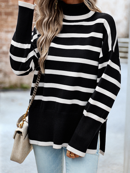 Striped Turtleneck Side-slit Sweater HWWX6BVRYU