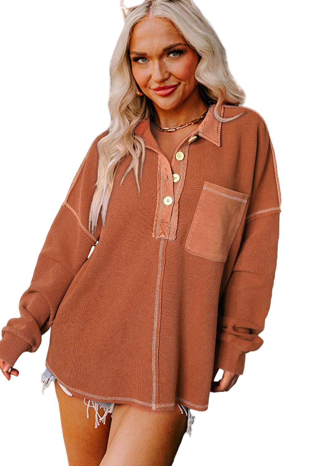 Laurel Green Waffle Exposed Seam Washed Henley Sweatshirt