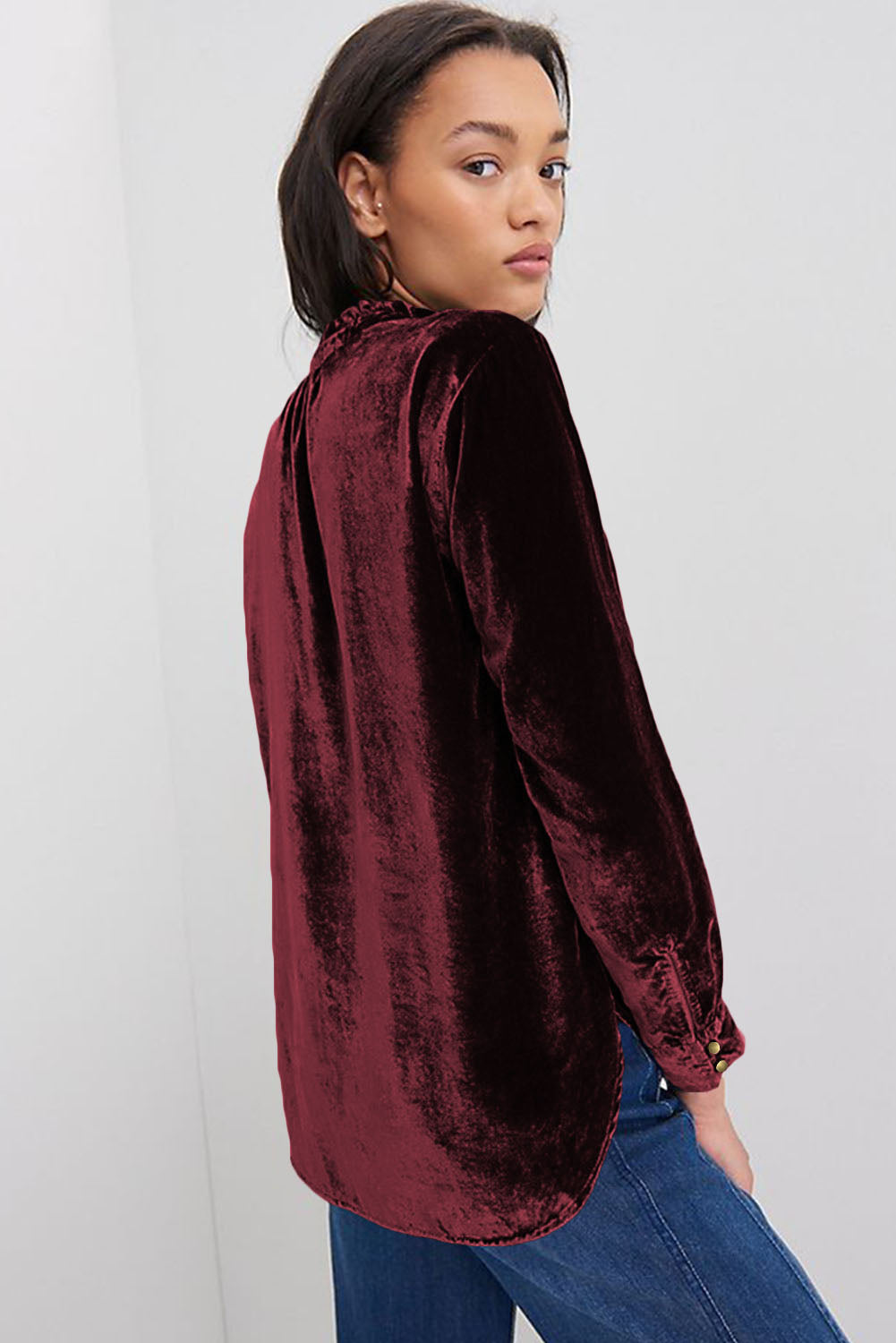 Black Frilled Neck Buttoned Front Velvet Top - Kustom Kreations Goods
