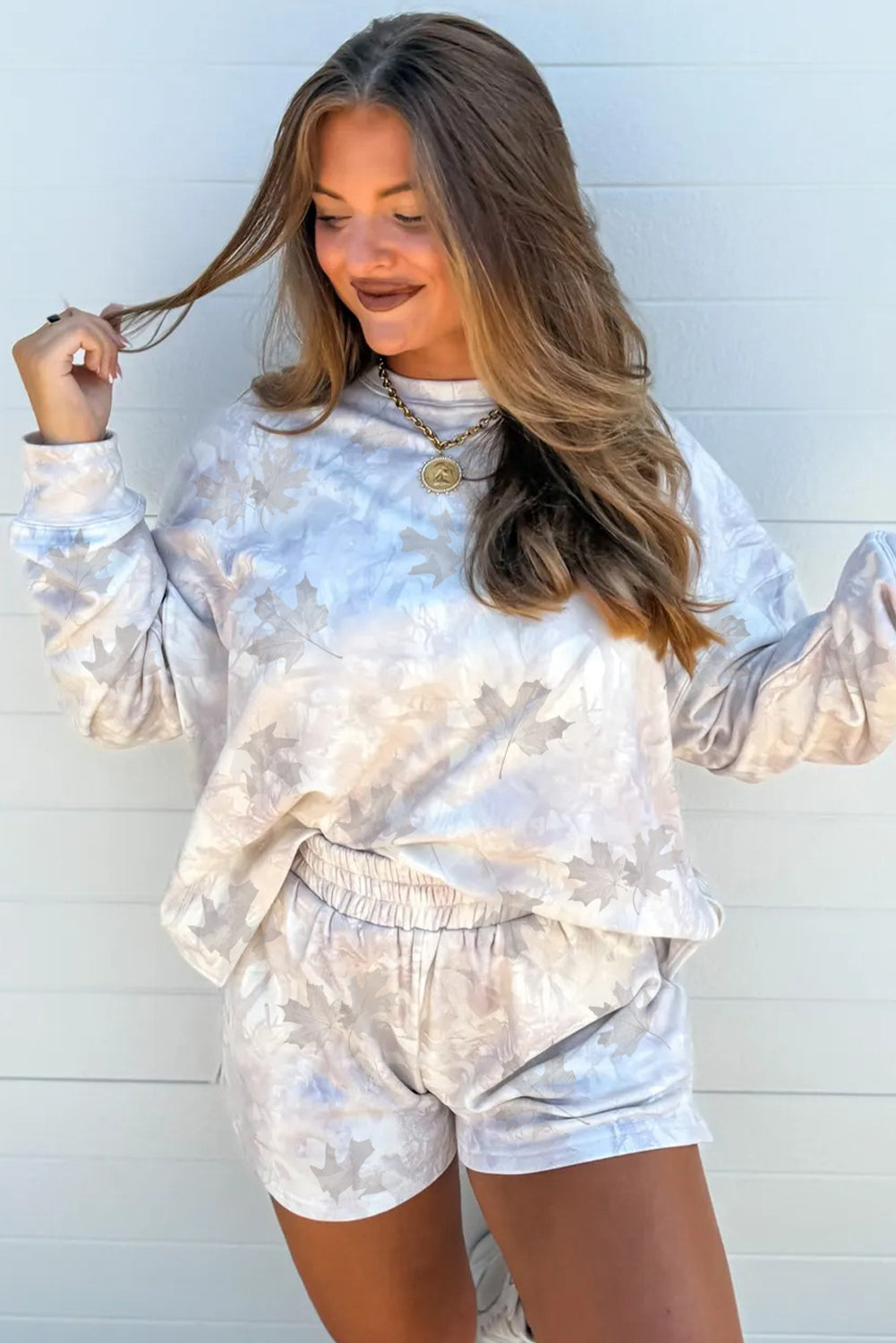 Beige Abstract Maple Leaf Print Long Sleeve Top Elastic Waist Shorts Set - Kustom Kreations Goods