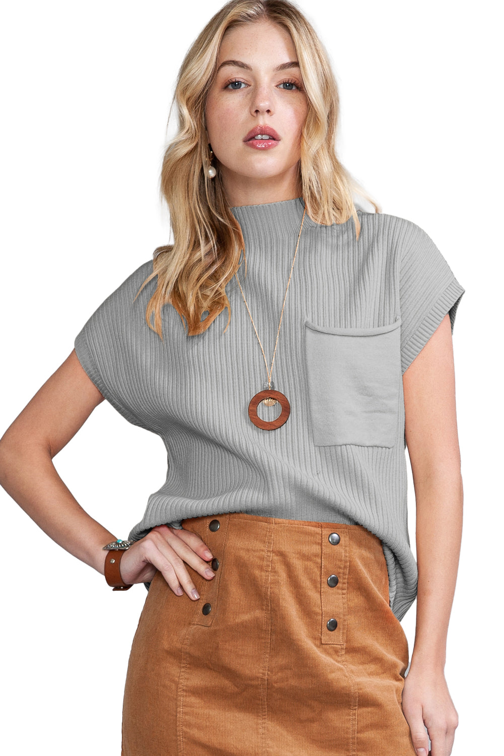 Green Patch Pocket Ribbed Knit Short Sleeve Sweater - Kustom Kreations Goods