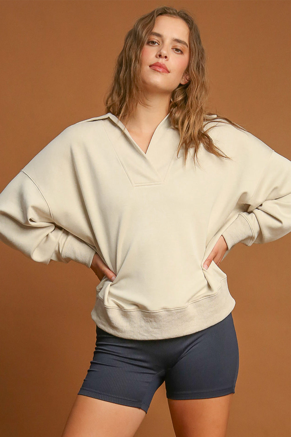 Beige Solid Long Sleeve Collar Drawstring Pants Set