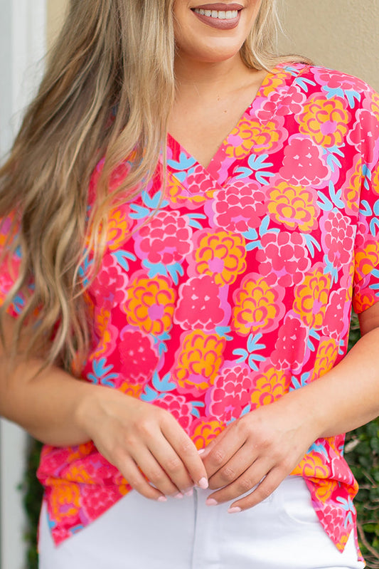 Rose Sour Raspberry Coral Print V Neck T Shirt