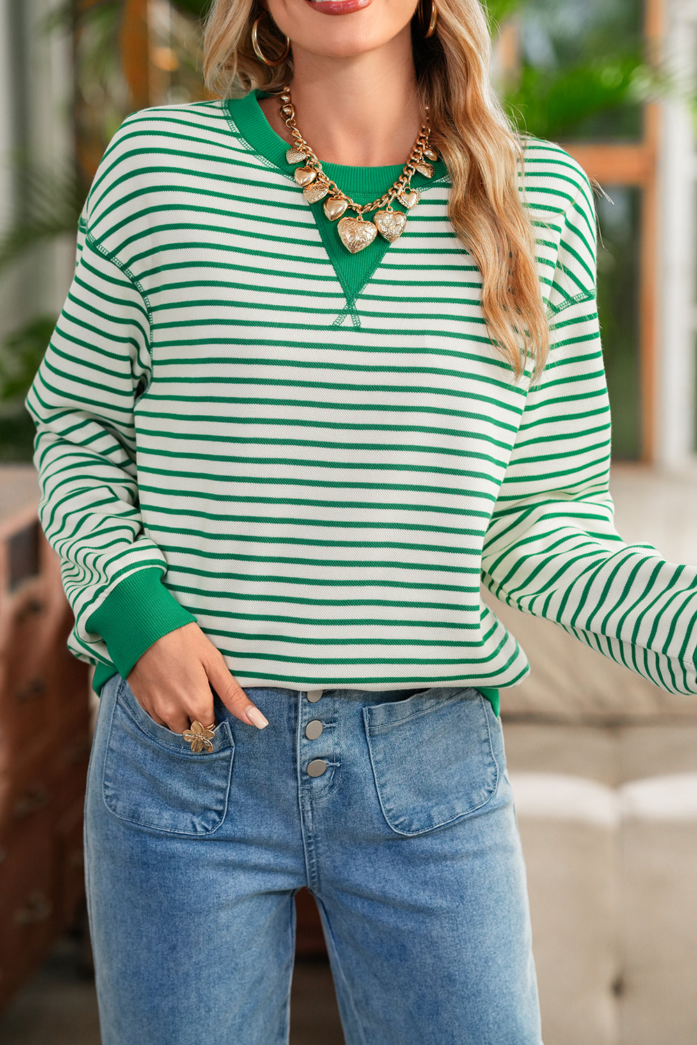 Bright Green Striped Contrast Trim Long Sleeve Top