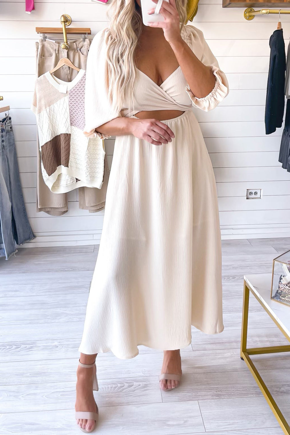 Beige Plain Puff Sleeve Cross Tie Cut Out Maxi Dress