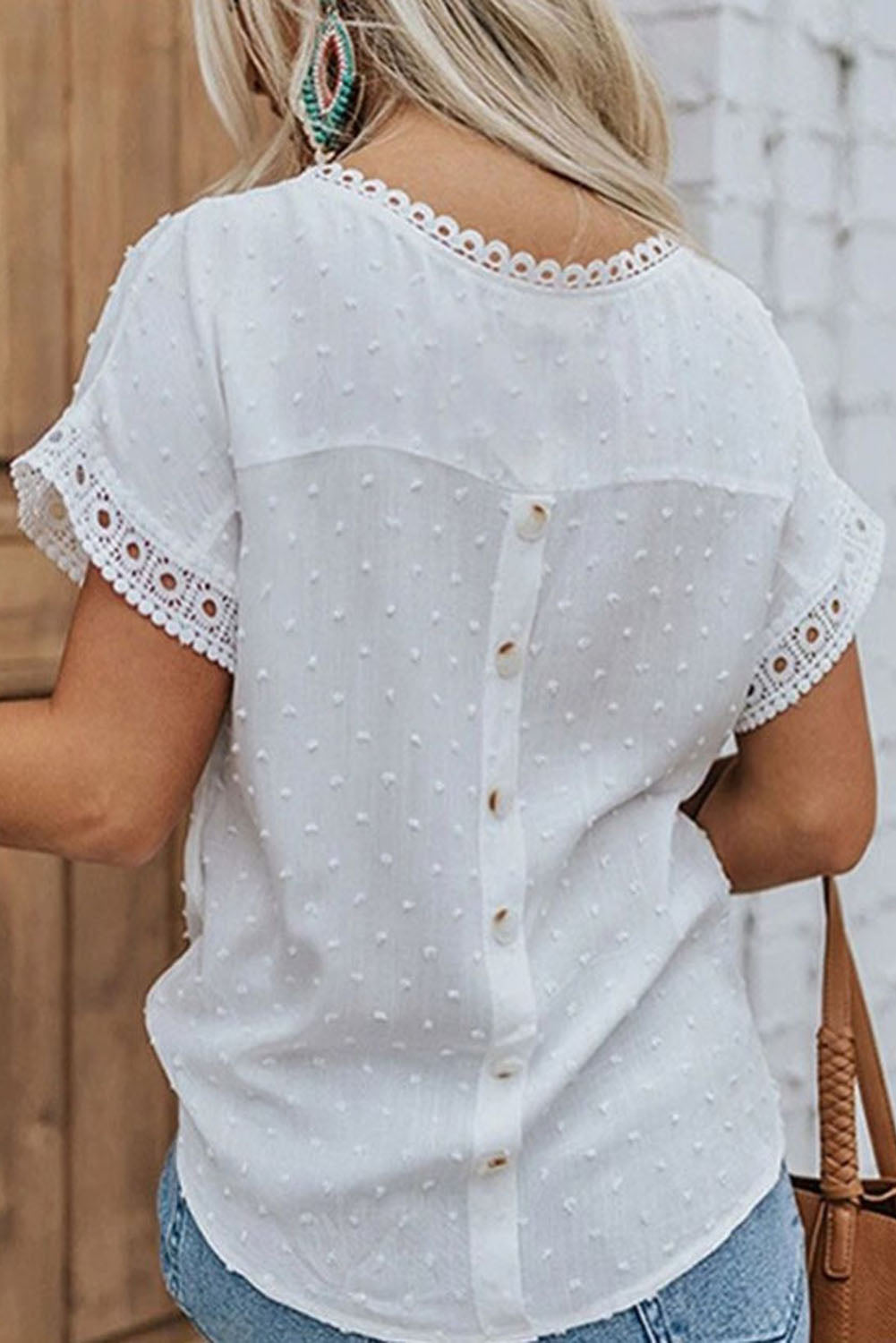 Apricot Swiss Dot Crochet Eyelet Back Button Detail Blouse