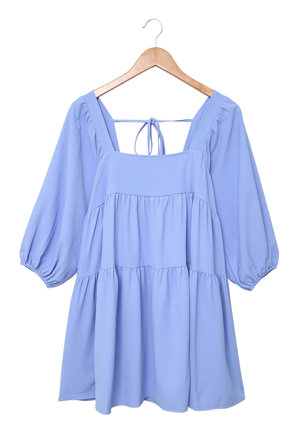 Light Blue Square Neck Lace Up Tiered Short Dress