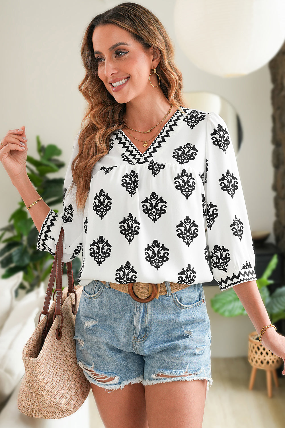 Green Damask Floral Print Contrast V Neck 3/4 Sleeve Blouse - Kustom Kreations Goods