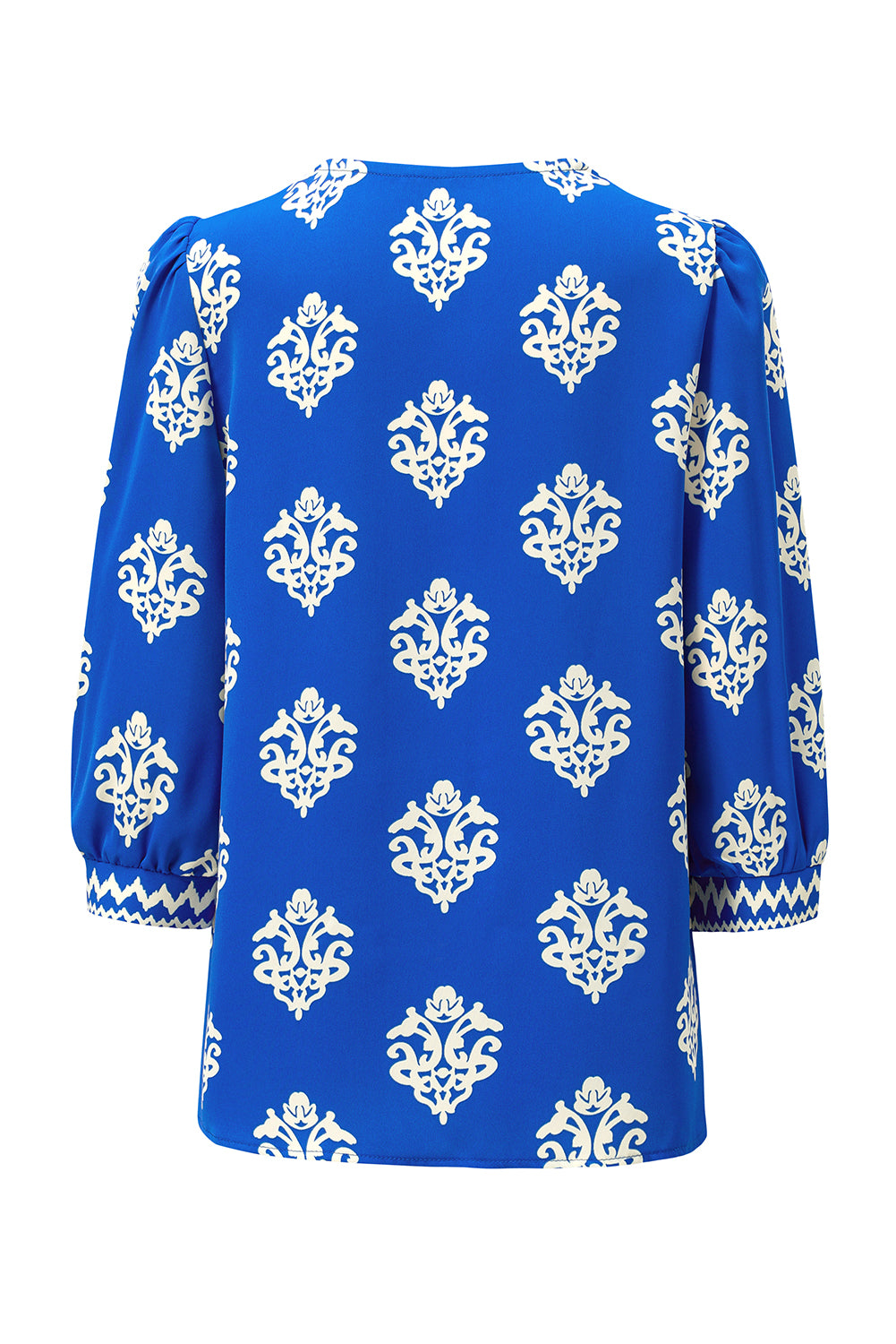 Green Damask Floral Print Contrast V Neck 3/4 Sleeve Blouse - Kustom Kreations Goods