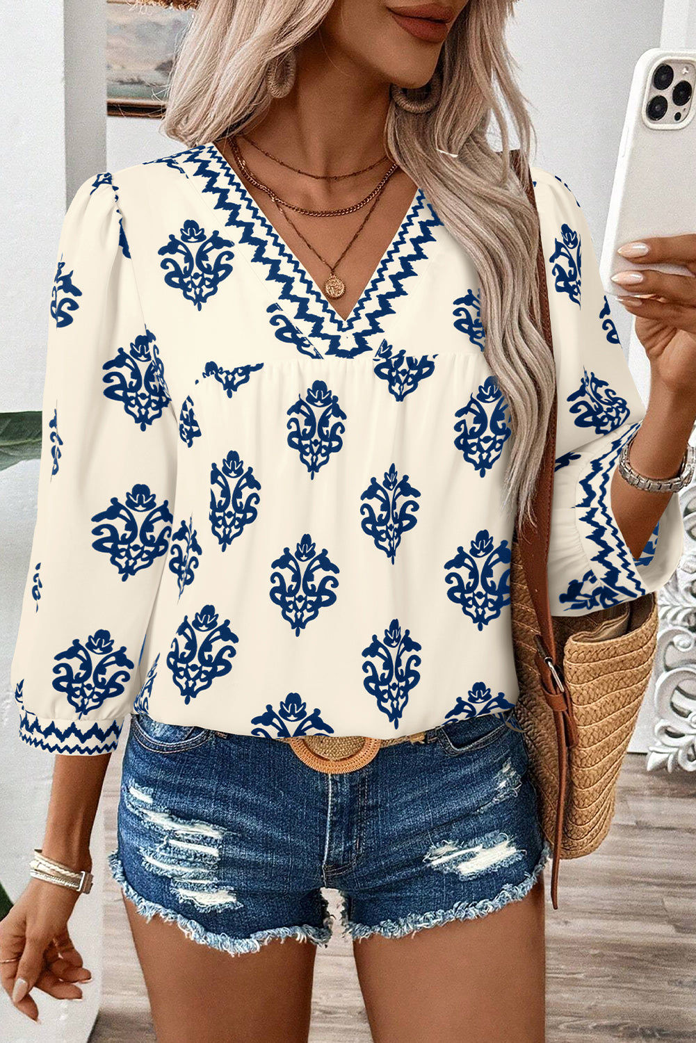 Green Damask Floral Print Contrast V Neck 3/4 Sleeve Blouse - Kustom Kreations Goods