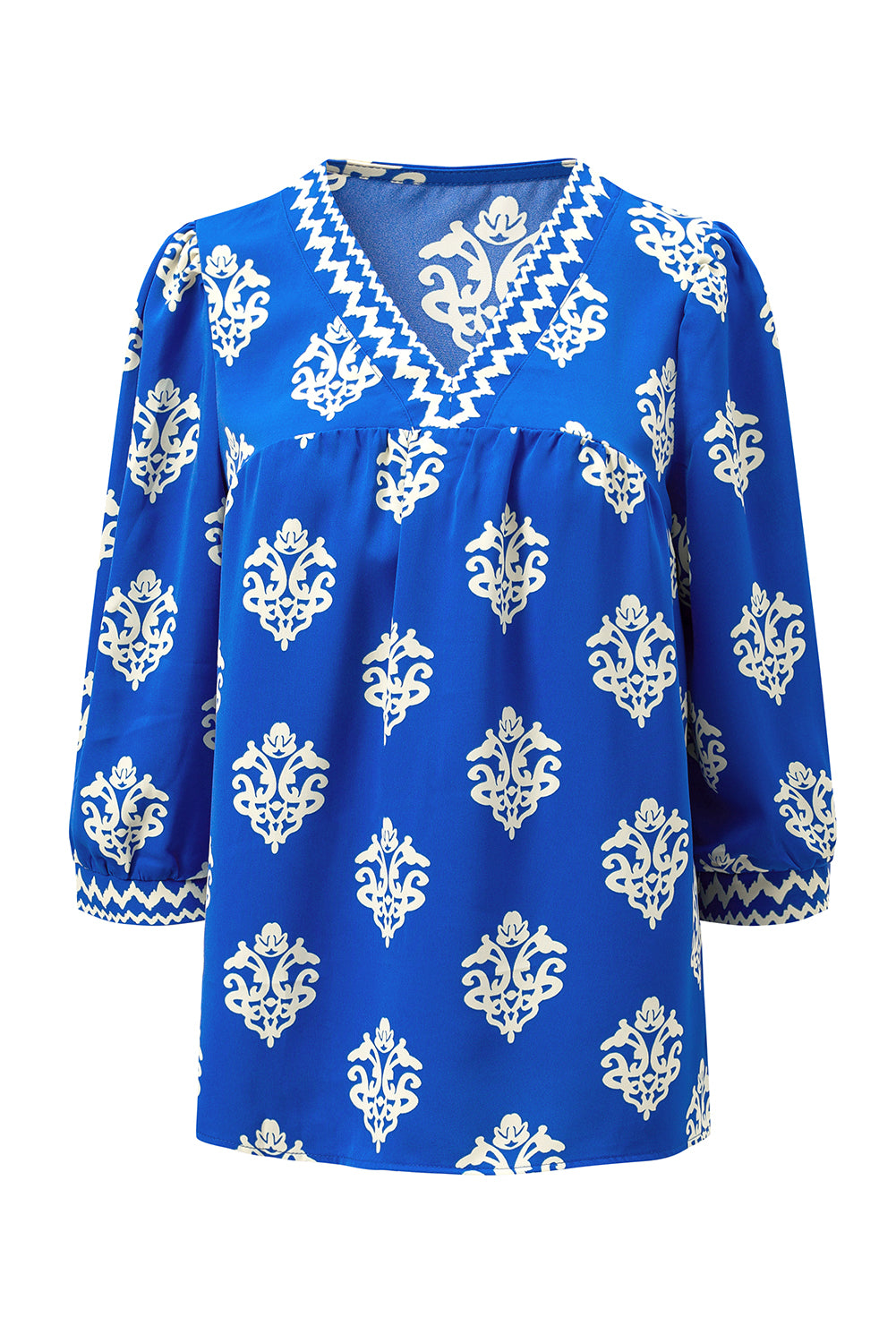 Green Damask Floral Print Contrast V Neck 3/4 Sleeve Blouse - Kustom Kreations Goods