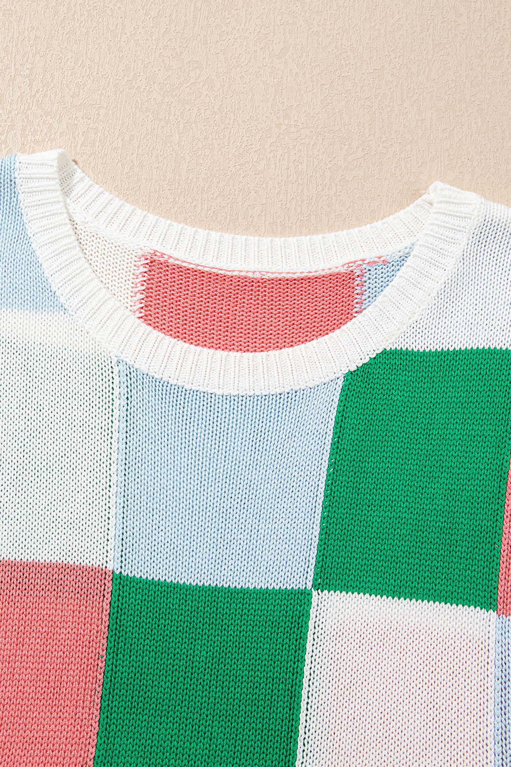 Dark Green Checkered Color Block Cap Sleeve Knitted Top