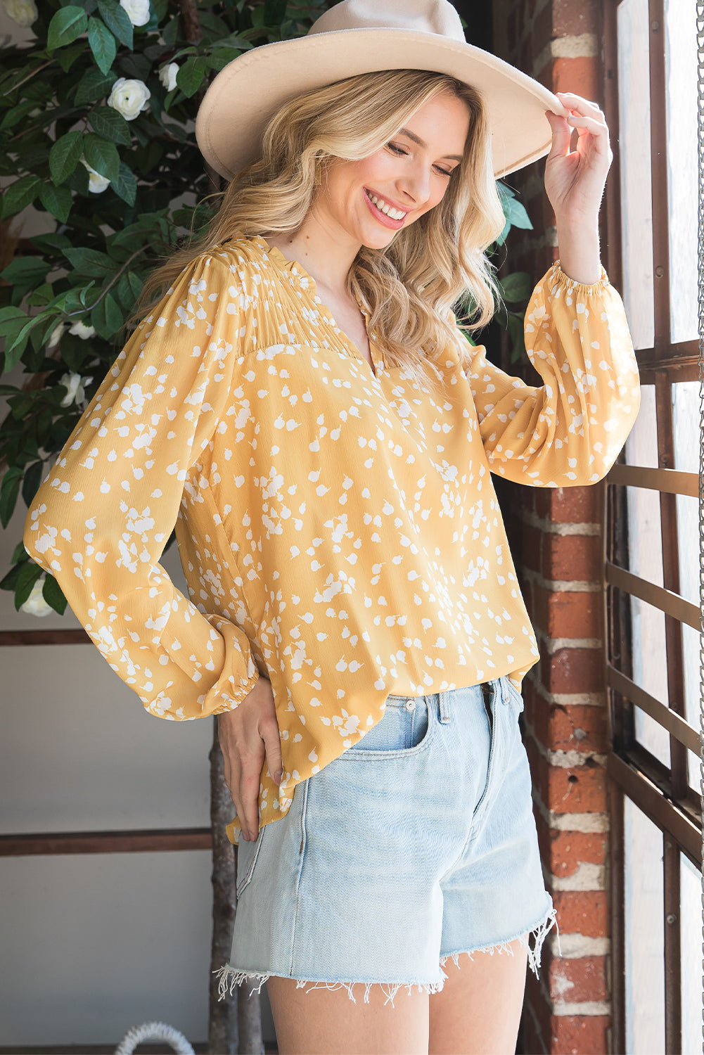 Yellow Frill Split V Neck Boho Crinkled Blouse