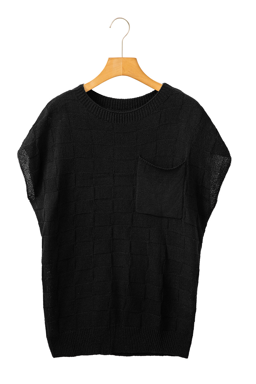 Black Lattice Textured Knit Short Sleeve Baggy Top