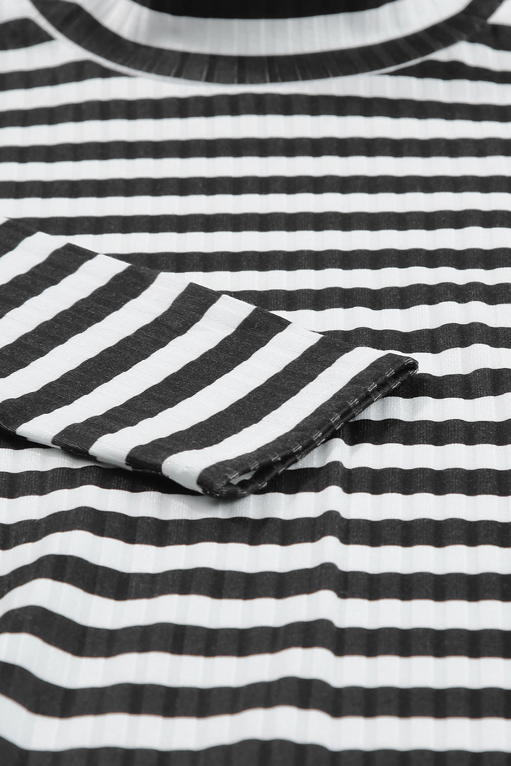 Stripes Print Ribbed Knit Long Sleeve Casual Mock Neck Top