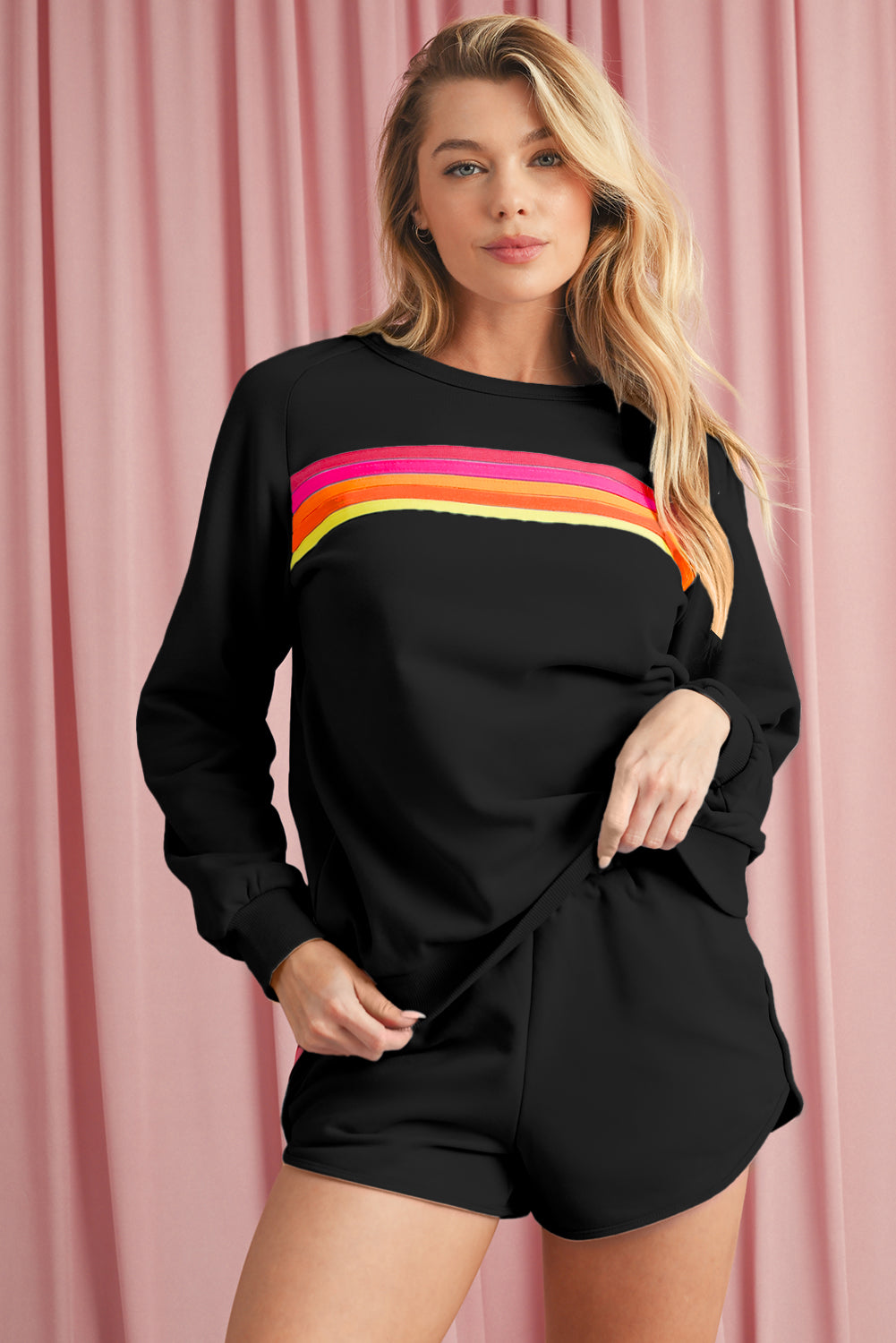 Black Colorful Striped Long Sleeve Pullover and Shorts Set - Kustom Kreations Goods