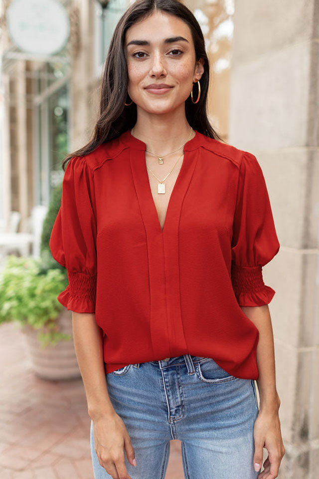 Apricot Solid Puffed Sleeve Shirred V Neck Blouse