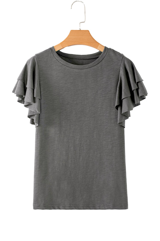 Dark Grey Ruffle Sleeve Plain Blouse - Kustom Kreations Goods