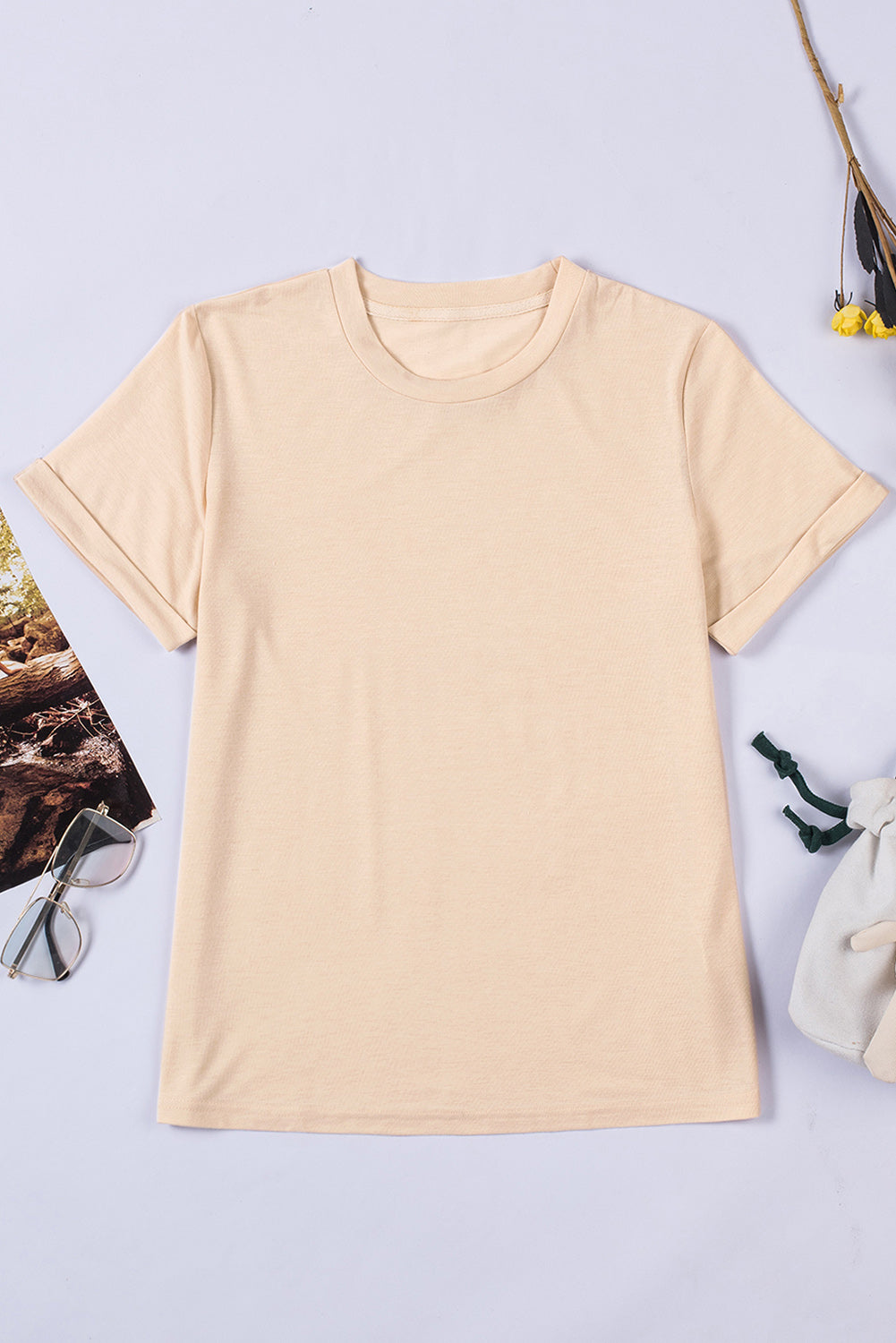 Green Plain Solid Color Crew Neck Tee