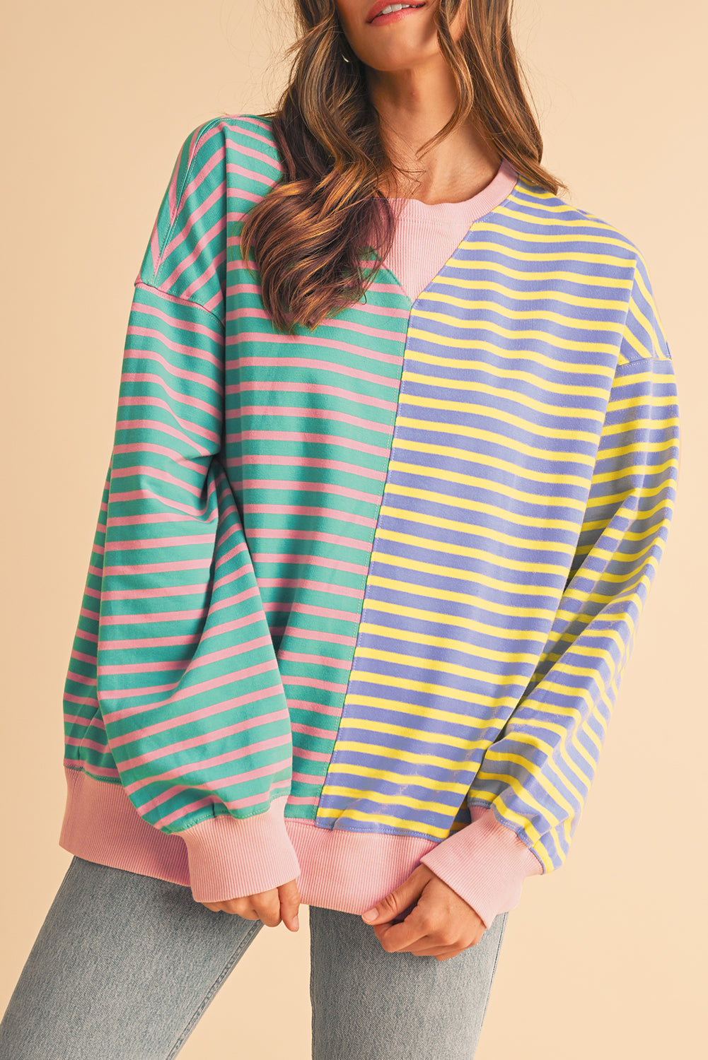 Brown Stripe Colorblock Drop Shoulder Oversize Sweatshirt - Kustom Kreations Goods