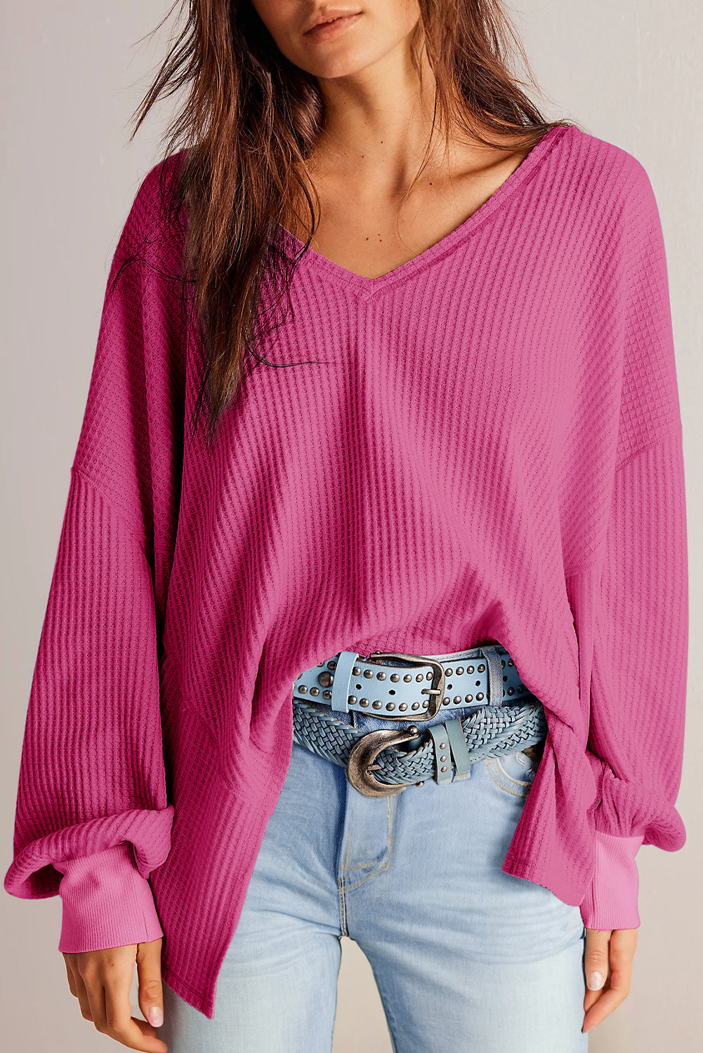 Bright Pink Waffle V Neck Drop Shoulder Long Sleeve Loose Top