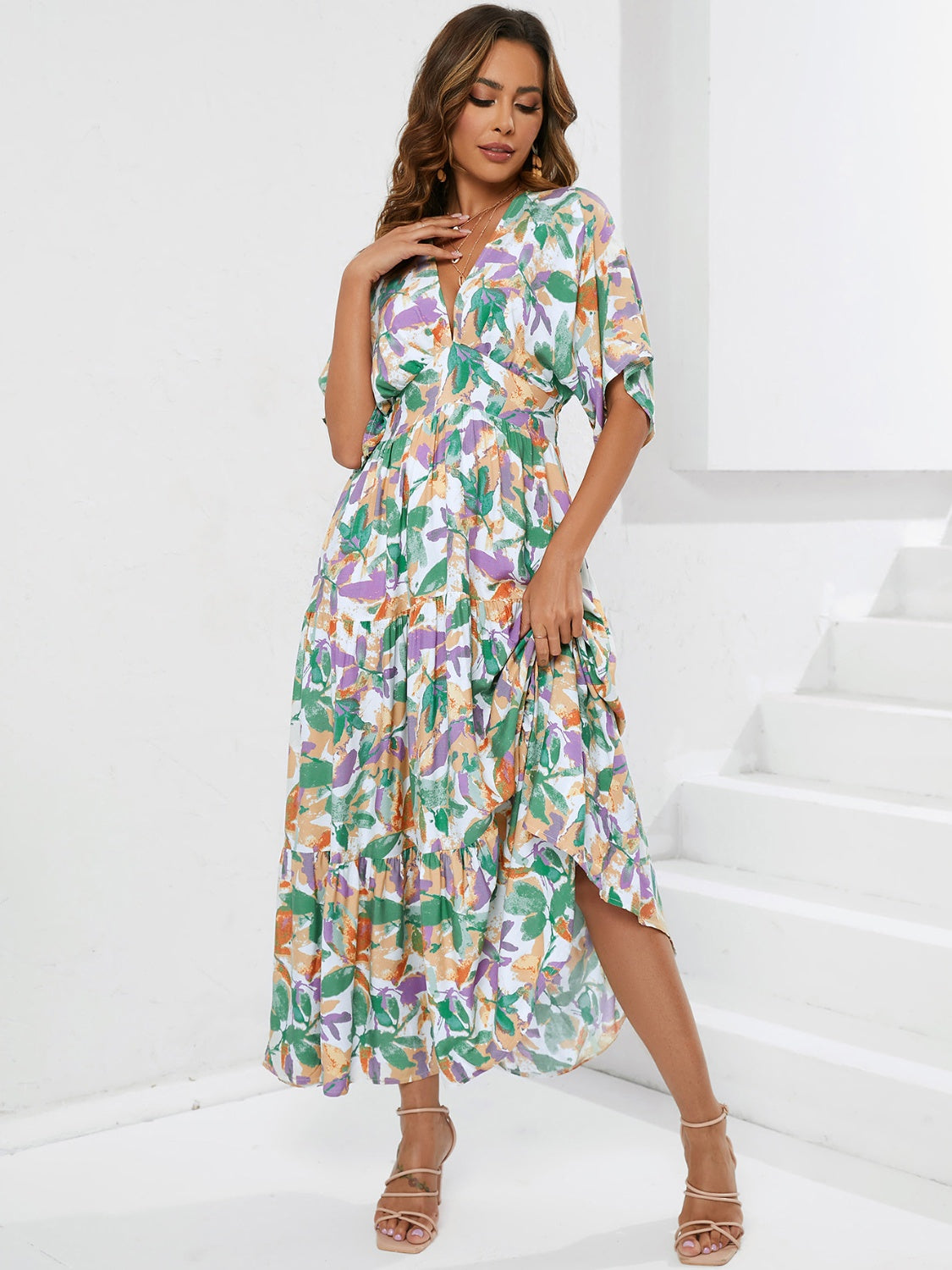 Printed Plunge Half Sleeve Midi Dress