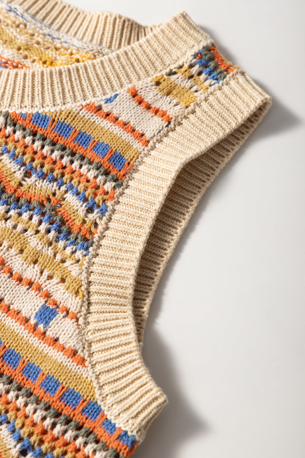 Brown Stripe Eyelet Crochet Round Neck Knit Top