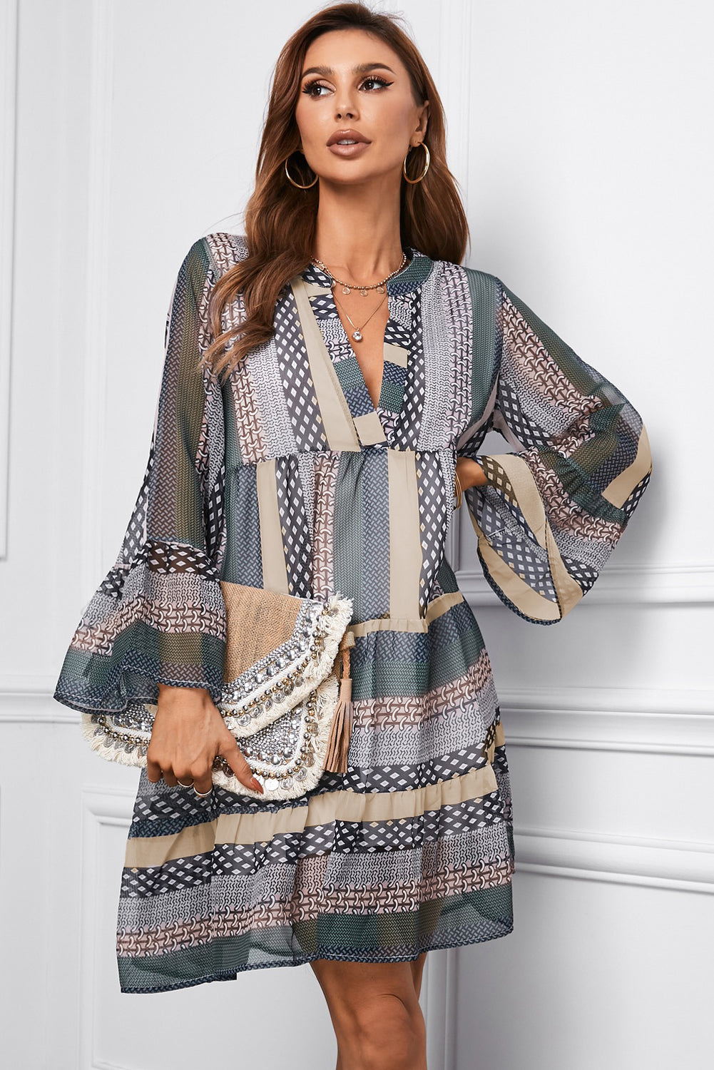 Green Chiffon Bell Sleeve Split V Neck Tunic Dress