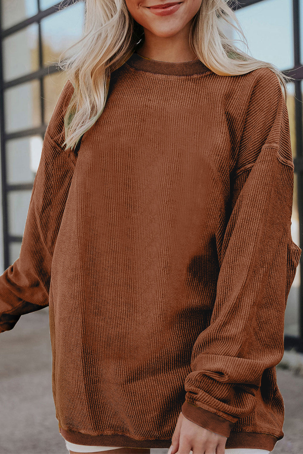 Orange Plain Drop Sleeve Rib-Knit Oversized Sweatshirt