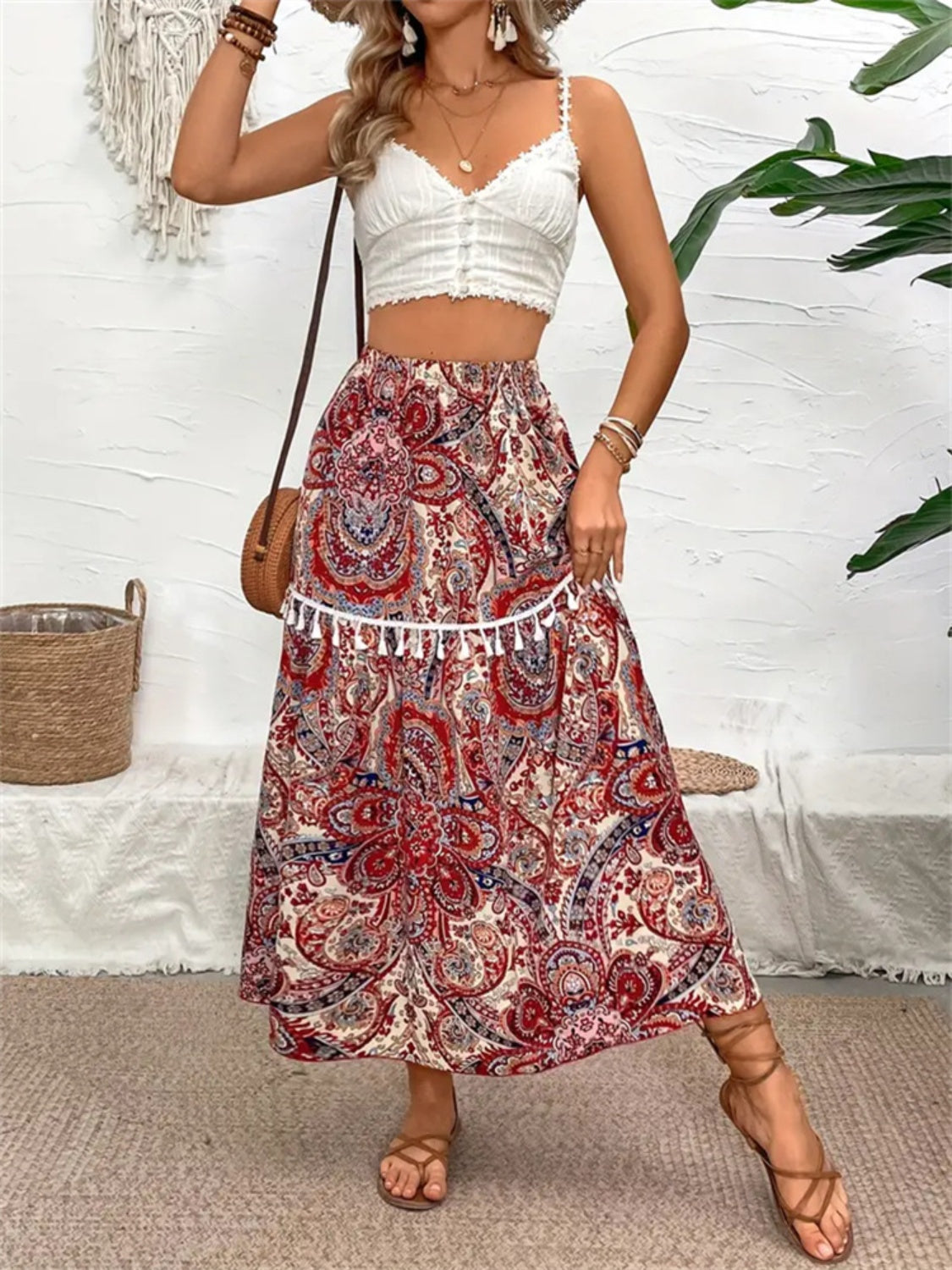 Printed Elastic Waist Midi Skirt