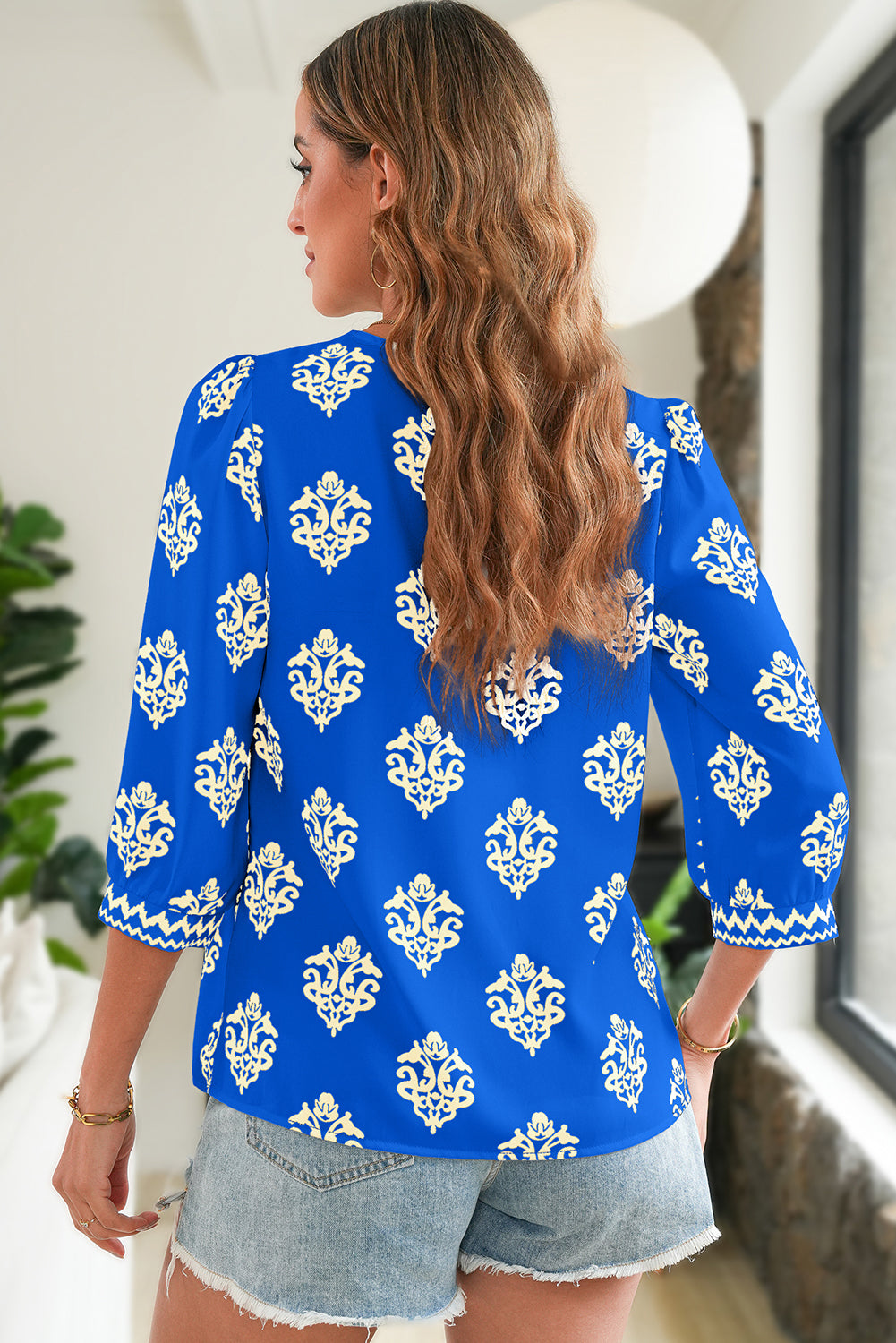 Green Damask Floral Print Contrast V Neck 3/4 Sleeve Blouse - Kustom Kreations Goods