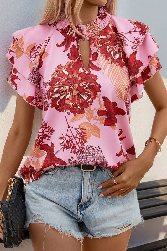 Pink Ruffle Layered Sleeve Smocked Keyhole Neck Blouse