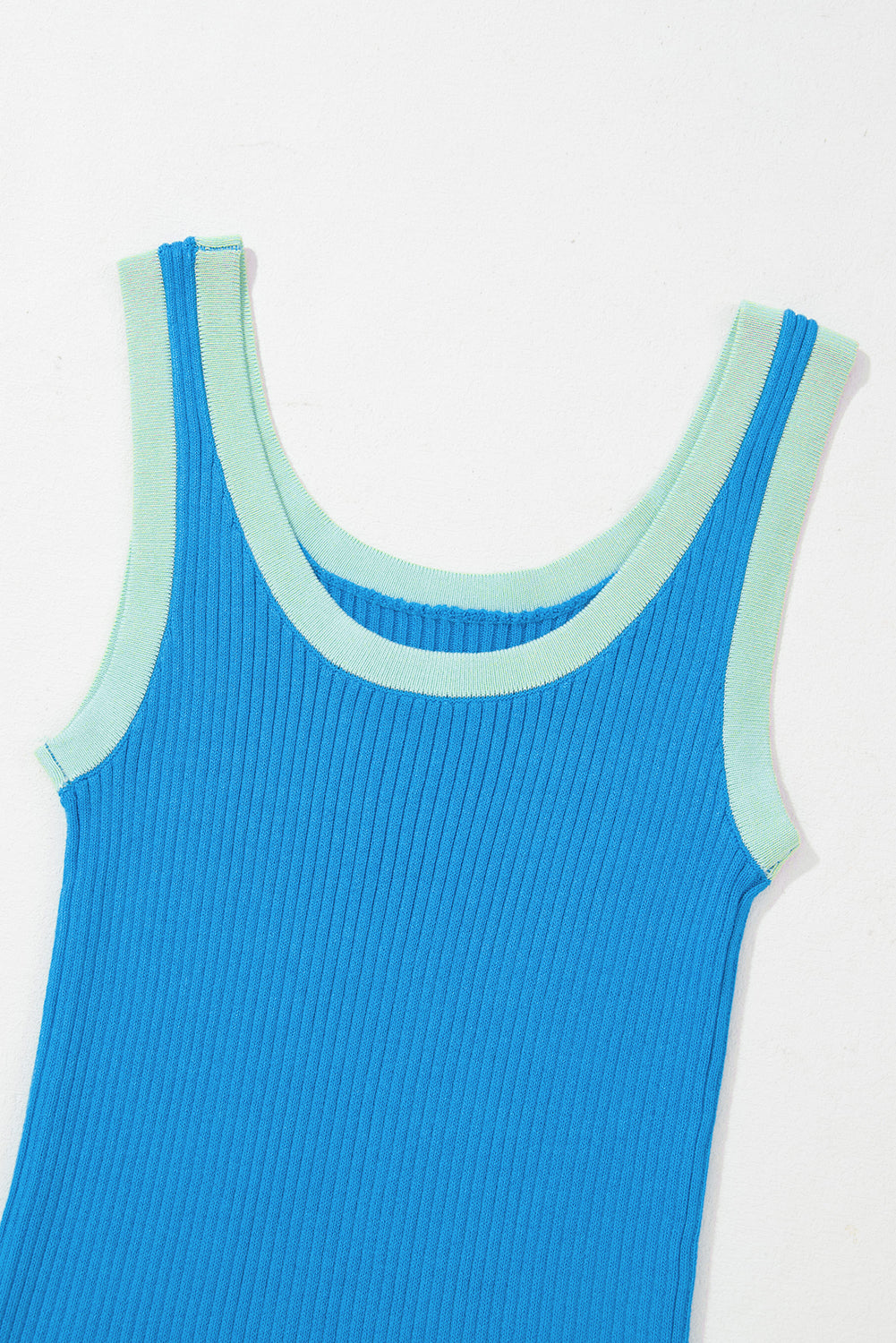 Blue Contrast Trim Ribbed Knit U Neck Tank Top