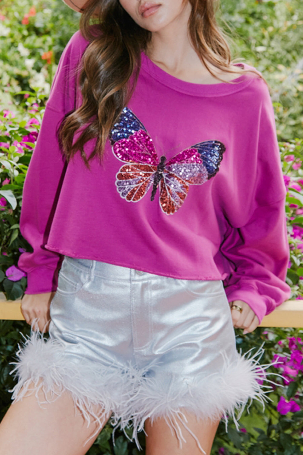 Purple Orchid Solid Butterfly Sequin Knit Blouse