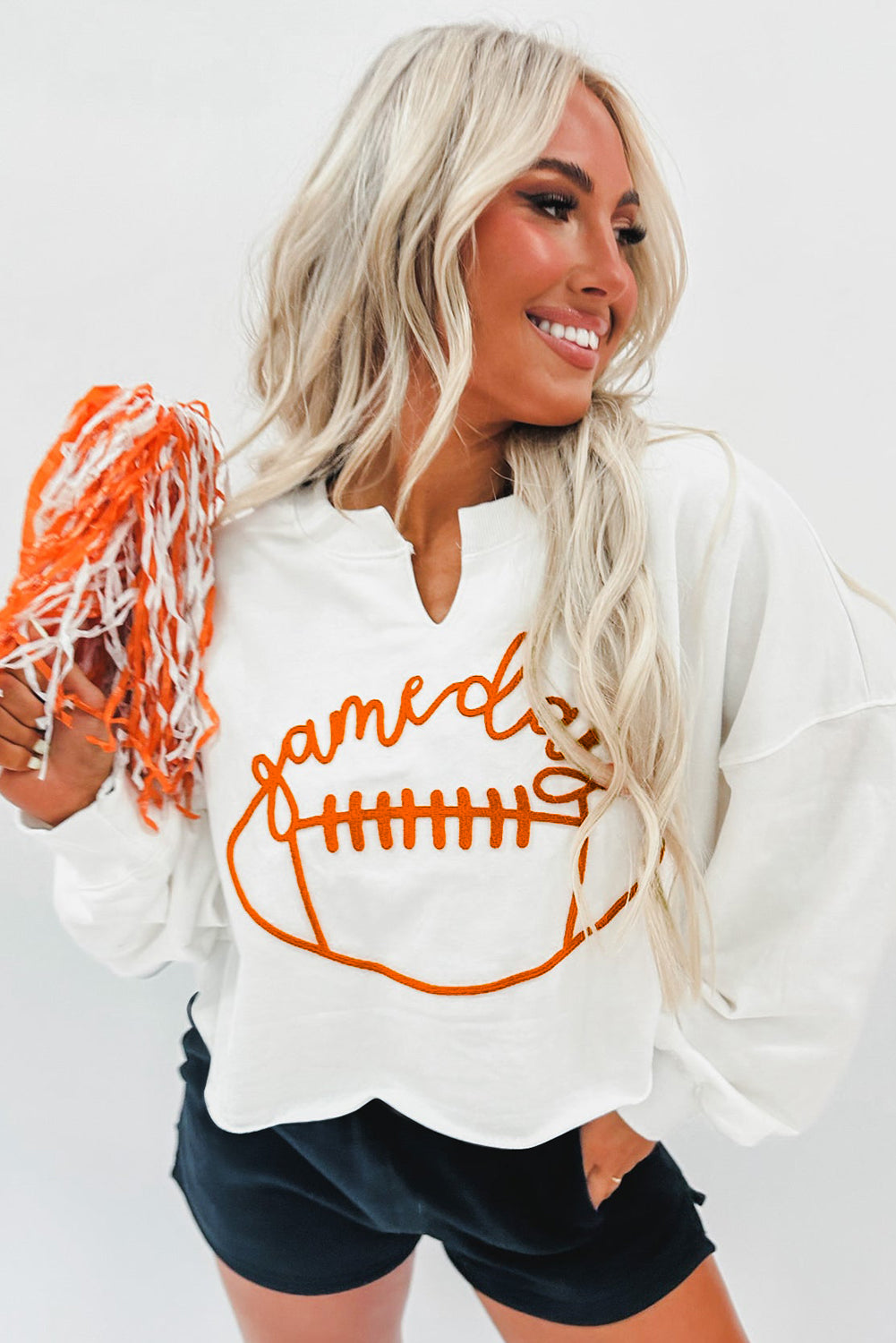 Bright White Game Day Lettering Rugby Notched Neck Cropped Sweatshirt