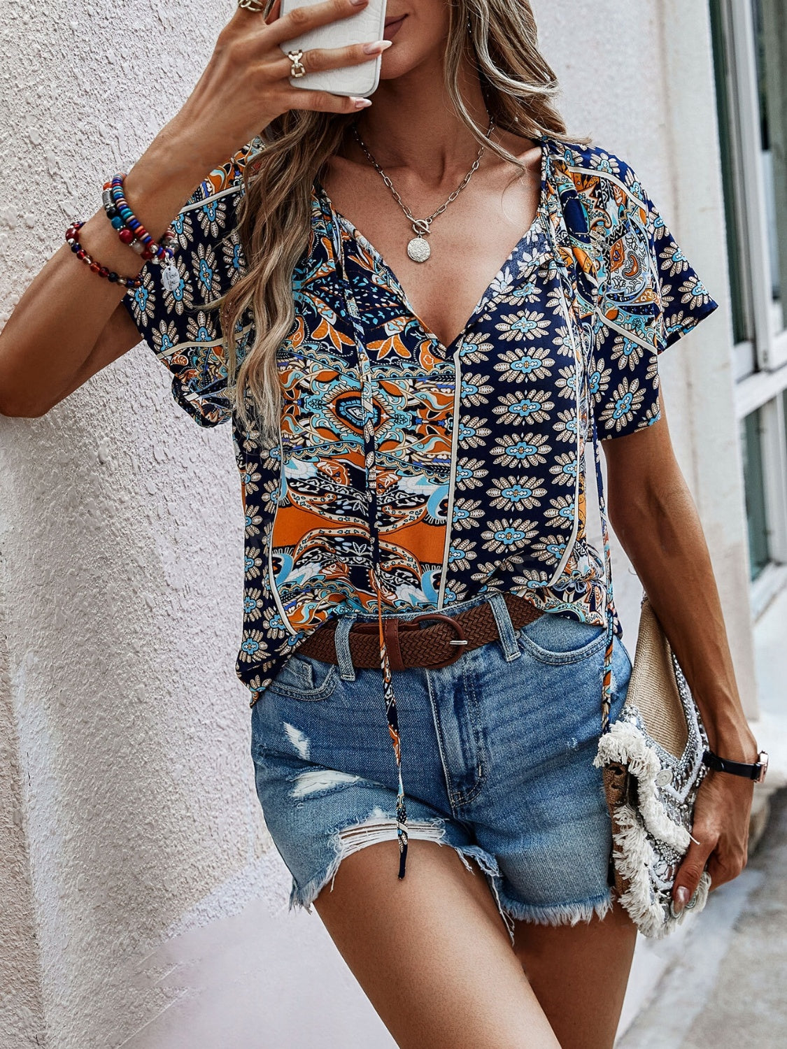 Printed Tie Neck Short Sleeve Blouse