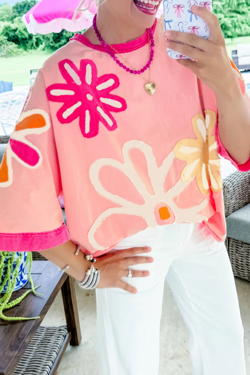 Pink Floral Patchwork Round Neck Blouse