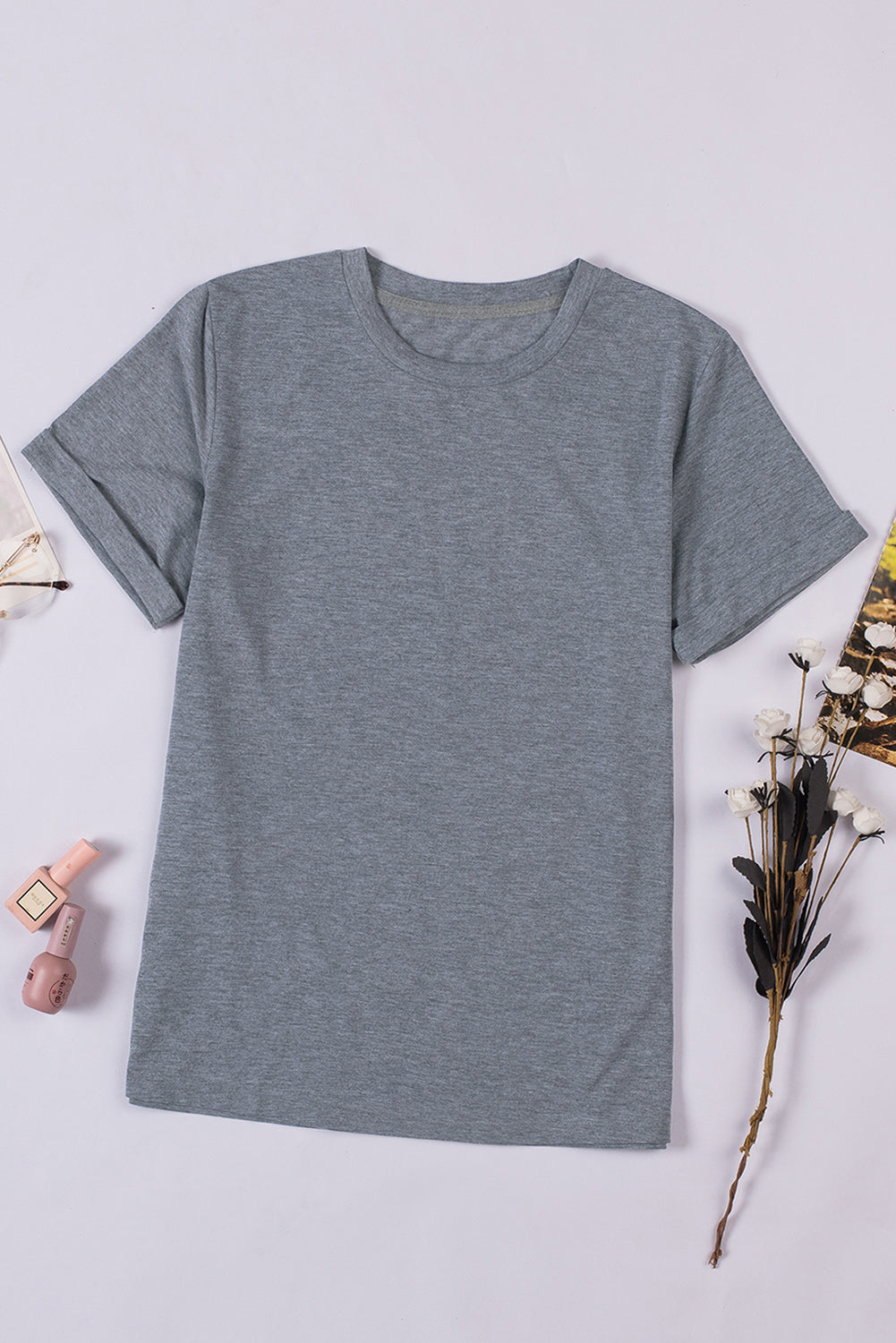 Green Plain Solid Color Crew Neck Tee