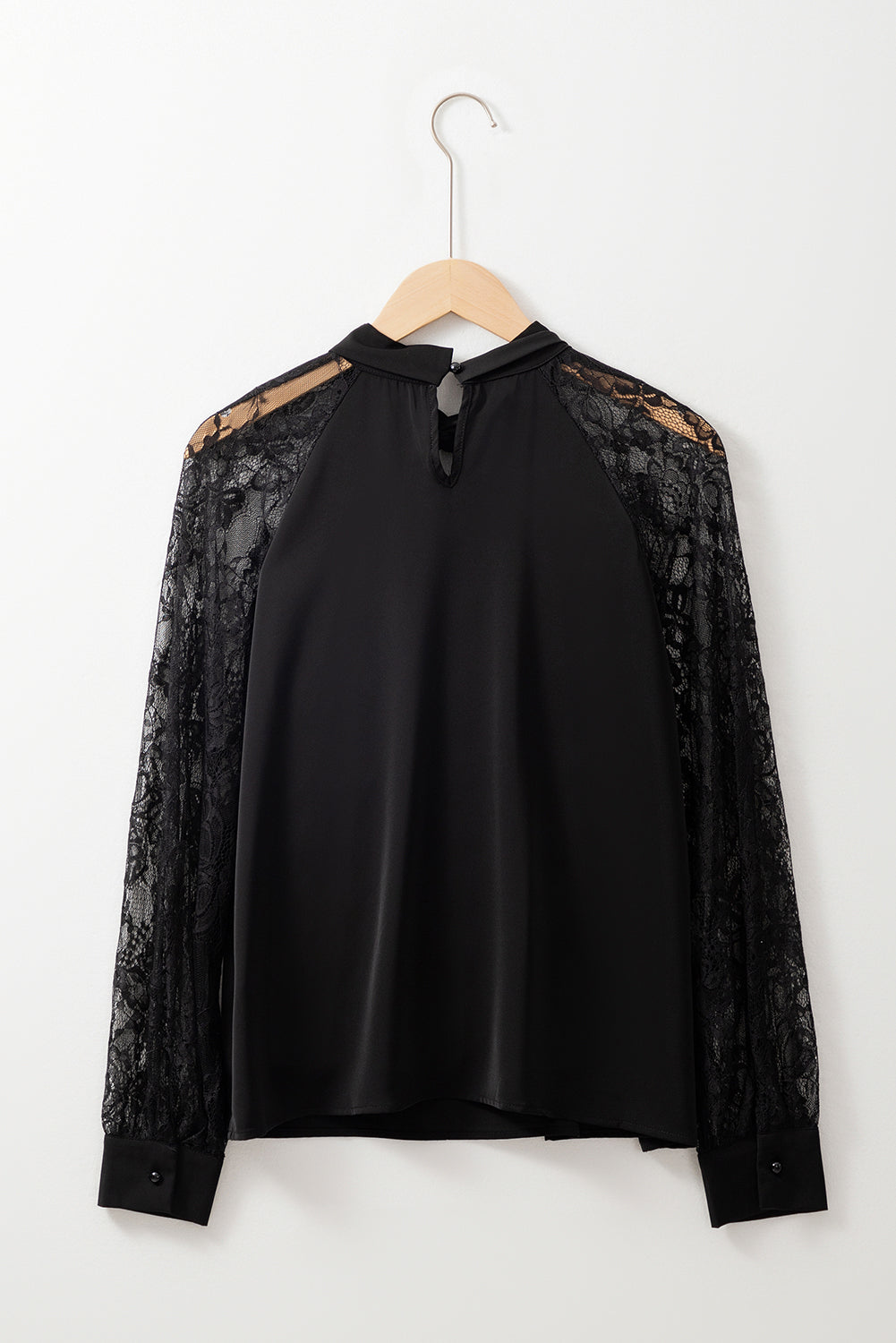 Black Keyhole Neckline Lace Splicing Raglan Sleeve Blouse - Kustom Kreations Goods