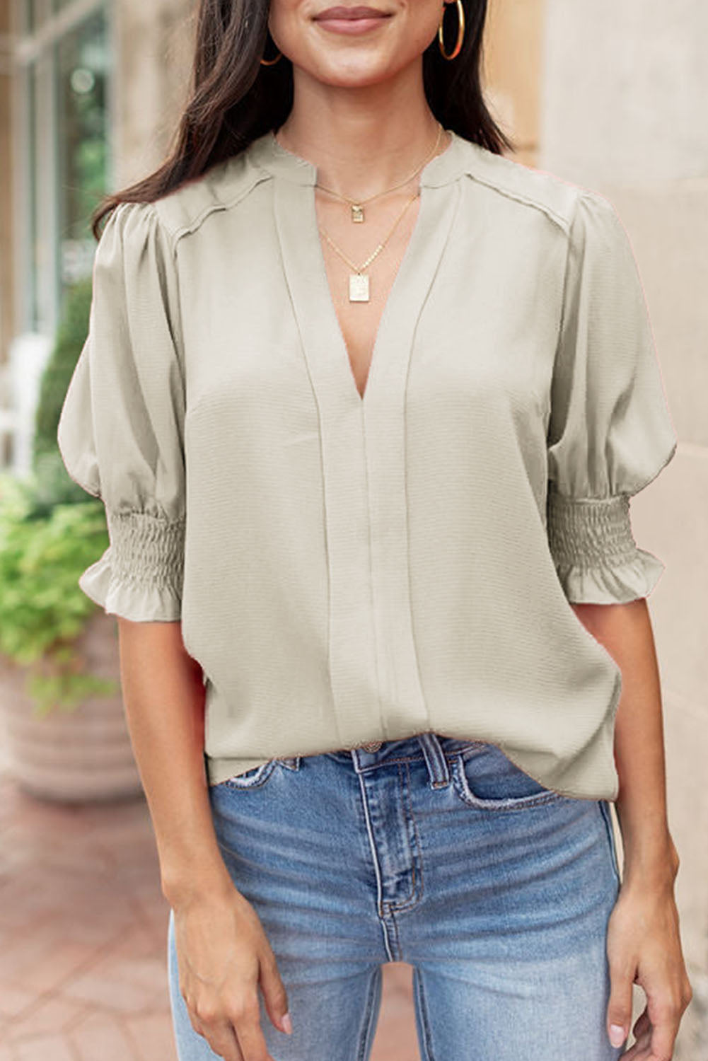 Apricot Solid Puffed Sleeve Shirred V Neck Blouse