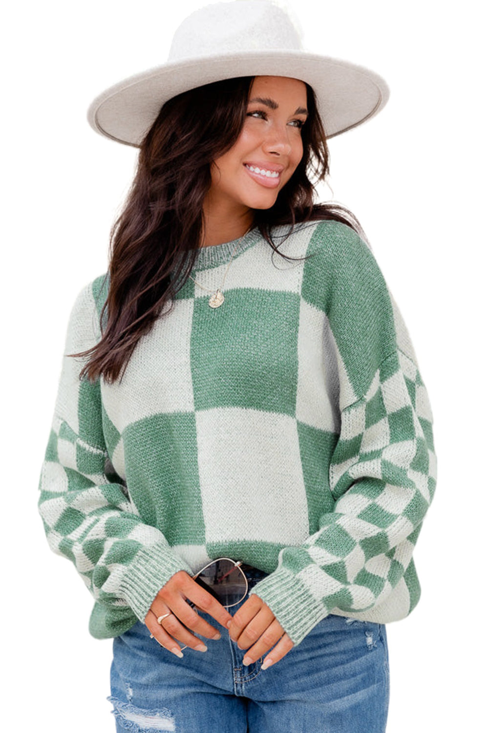 Grey Plaid Knitted Drop Shoulder Loose Fit Sweater