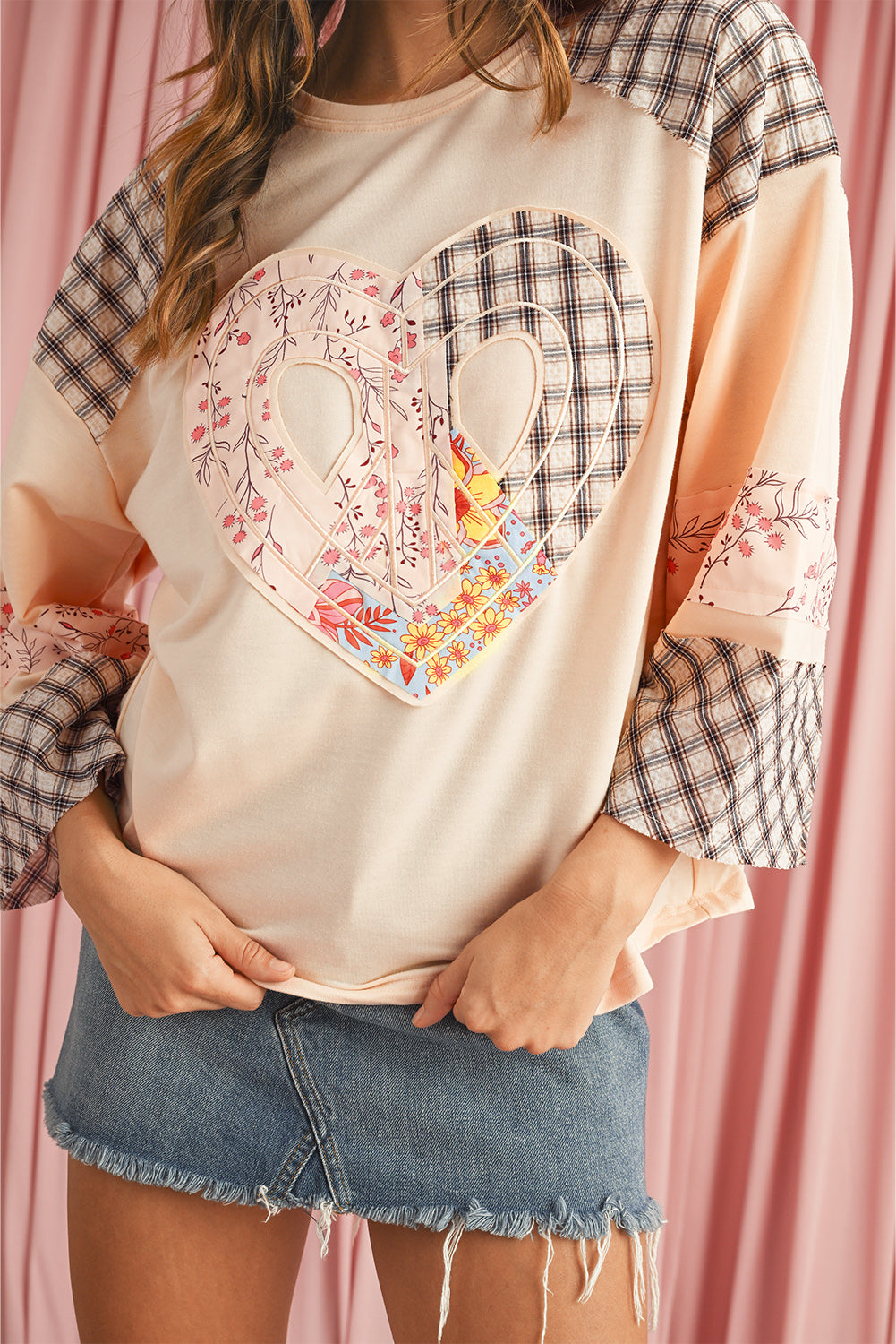 Beige Plaid Floral Patchwork Heart Long Sleeve Top - Kustom Kreations Goods