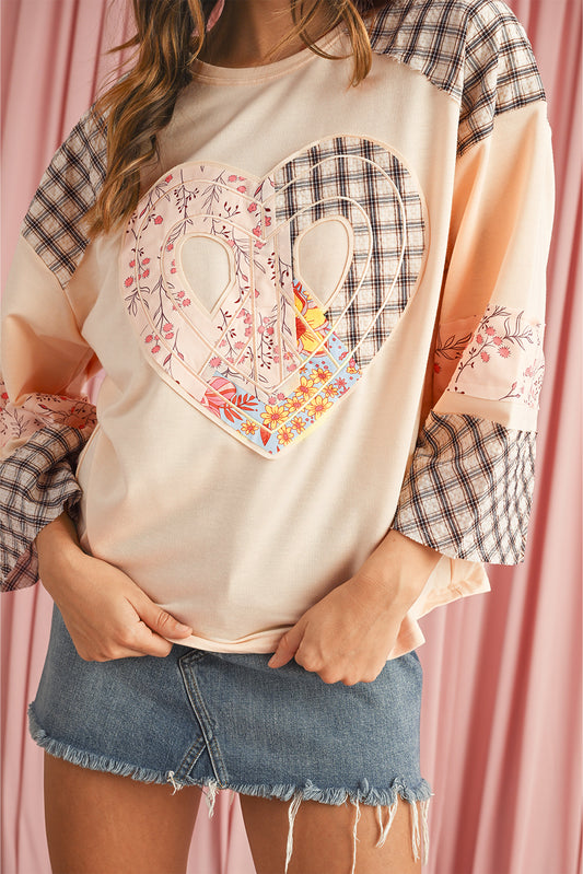 Beige Plaid Floral Patchwork Heart Long Sleeve Top - Kustom Kreations Goods