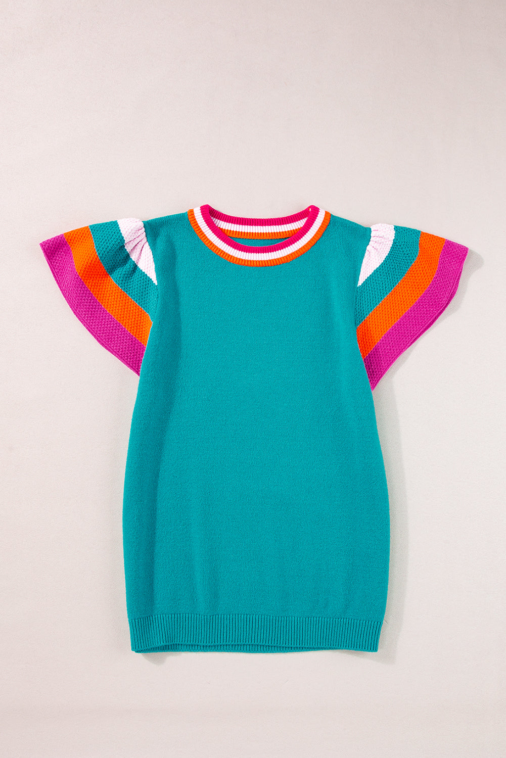 Turquoise Contrast Sleeve Striped Round Neck Knitted Tee