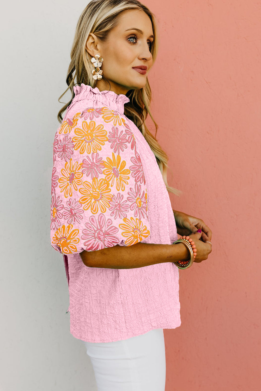 Pink Floral Print Puff Sleeve Button Back Frill Neck Blouse