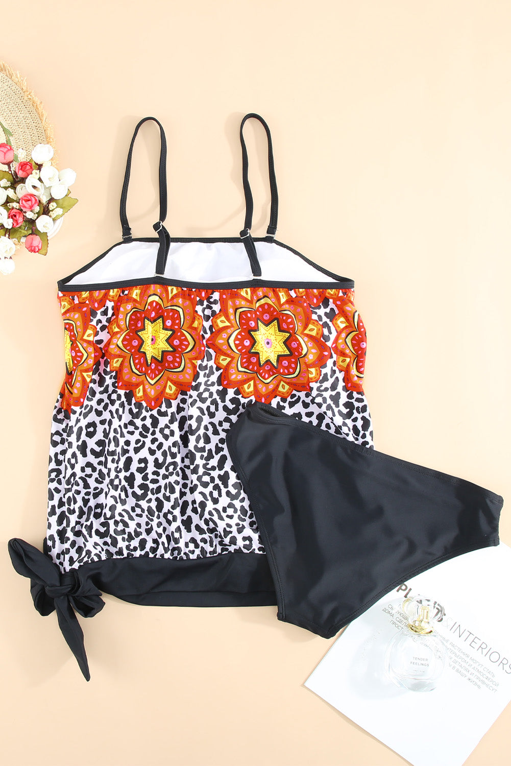 Red Retro Floral Leopard Pattern Tankini Swimsuit