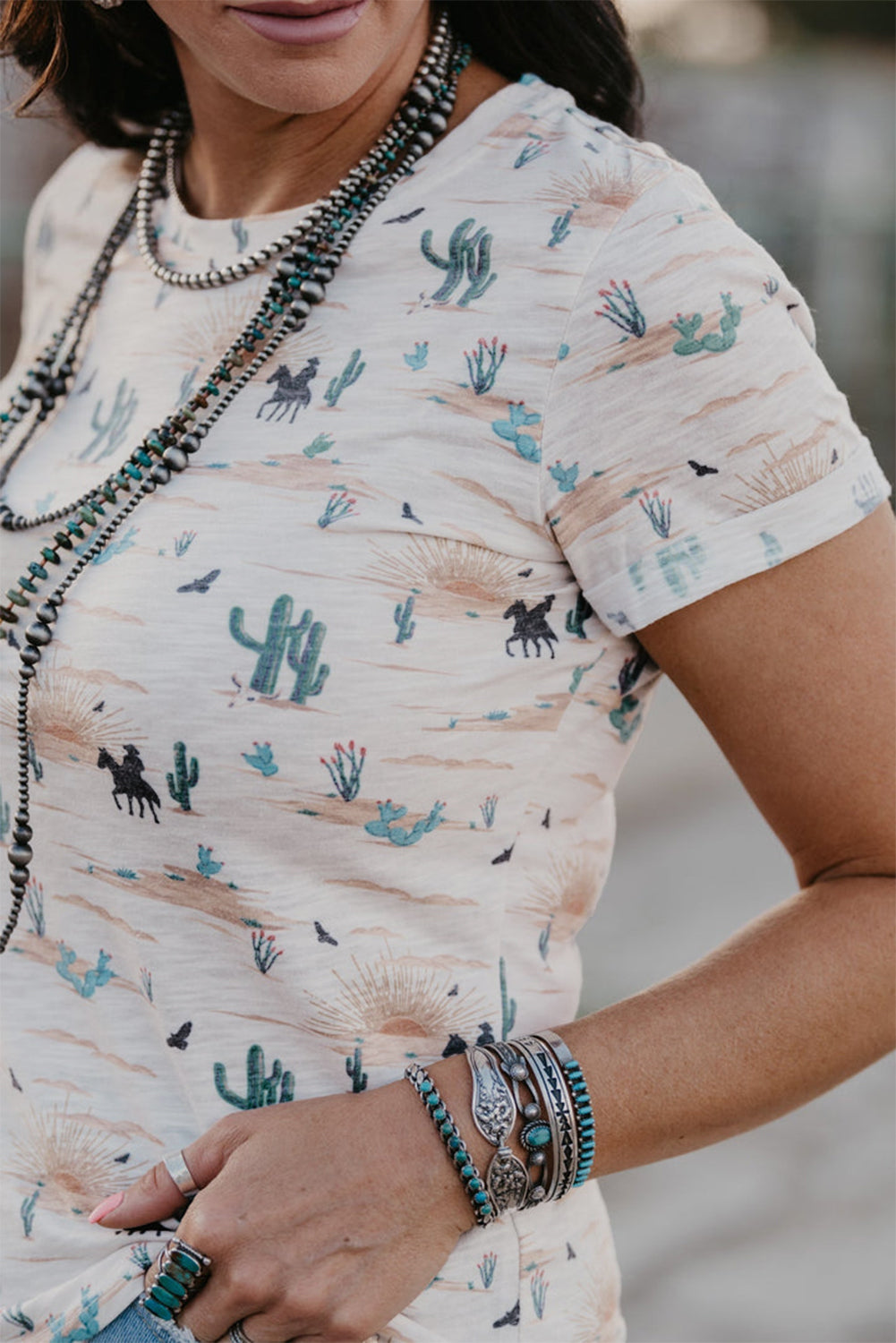 Beige Cactus Print Crew Neck Short Sleeve Top - Kustom Kreations Goods